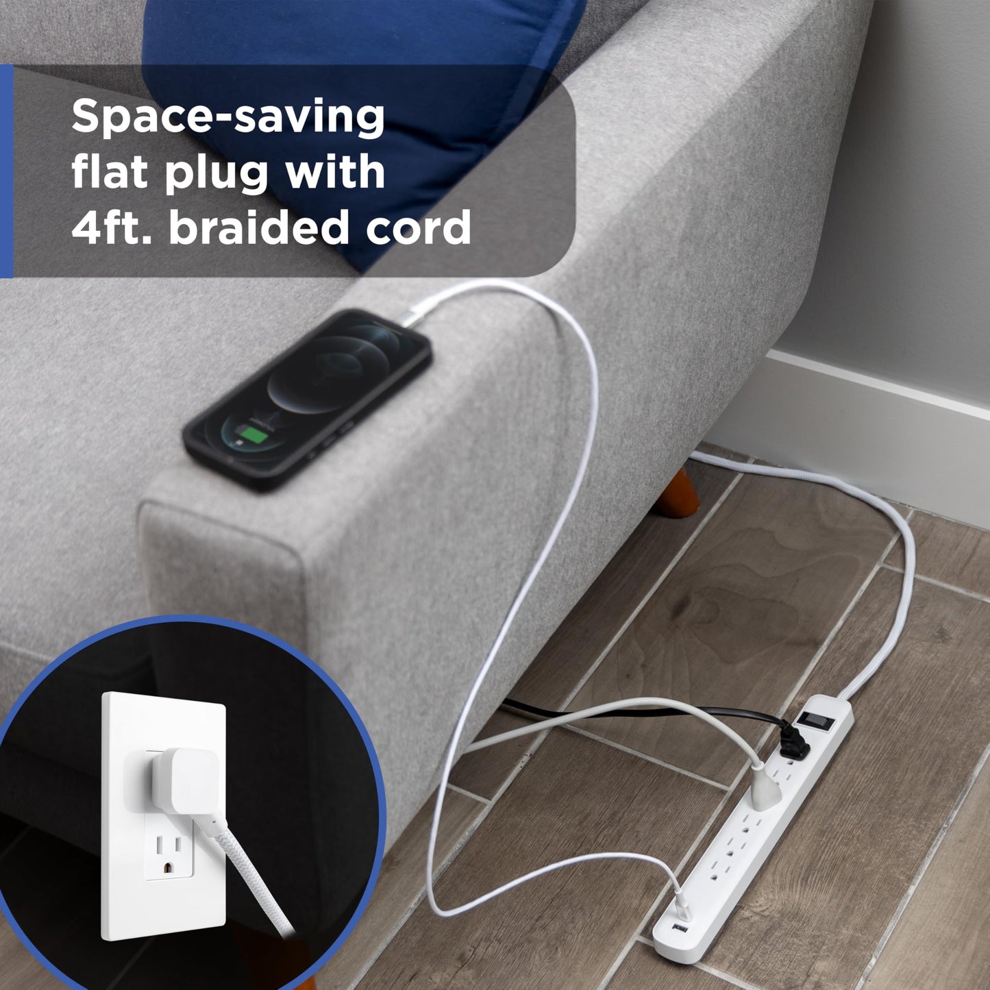 GE 6-Outlet Power Strip with USB, 1 USB-A & 1 USB-C Port, 4ft Braided Extension Cord, Circuit Breaker, Wall Mountable, ETL Certified, White, 85706