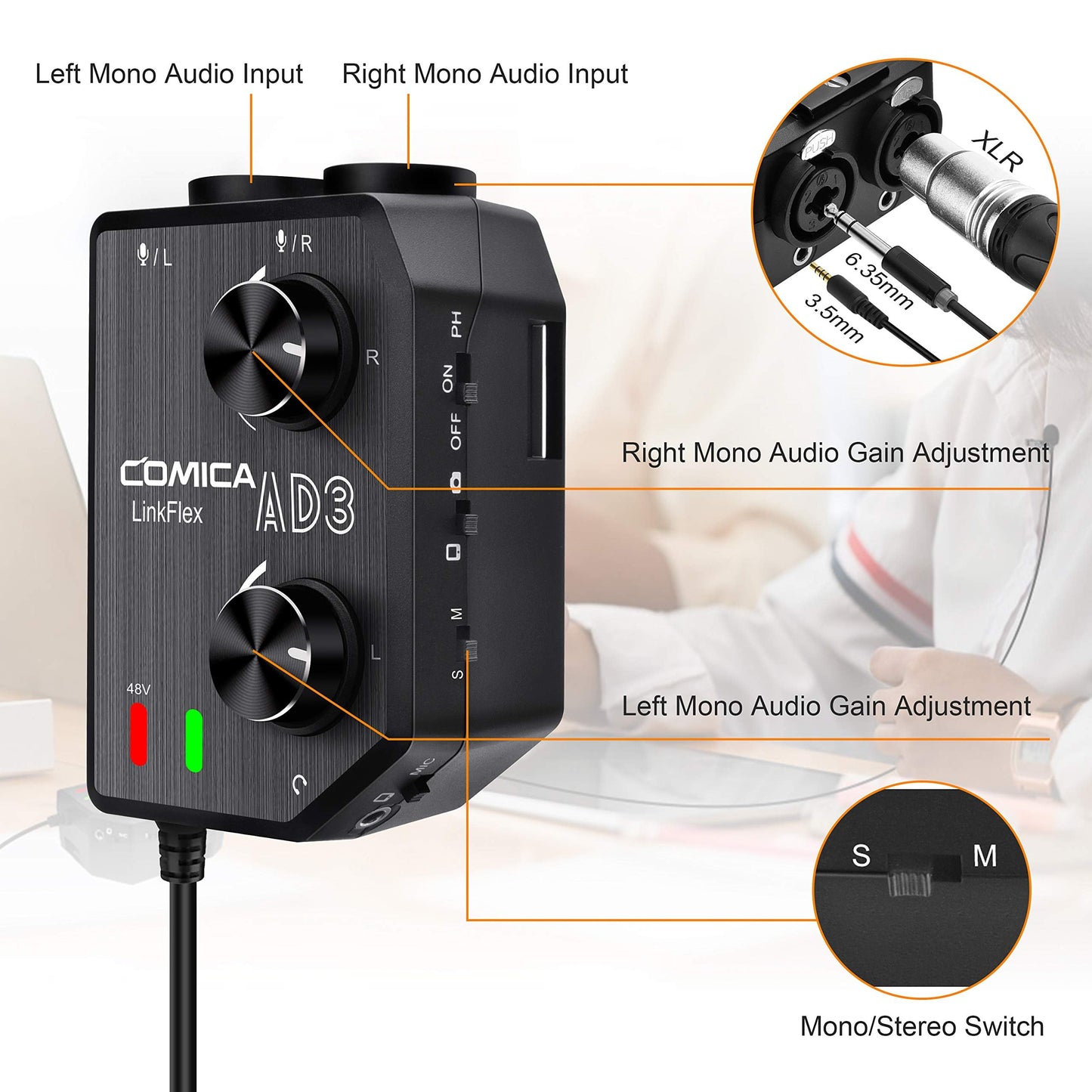 Comica LINKFLEX.AD3 2-Channel XLR/3.5mm/6.35mm Microphone Audio Mixer Preamp with Phantom Power, Real-time Monitoring, Guitar Audio Interface
