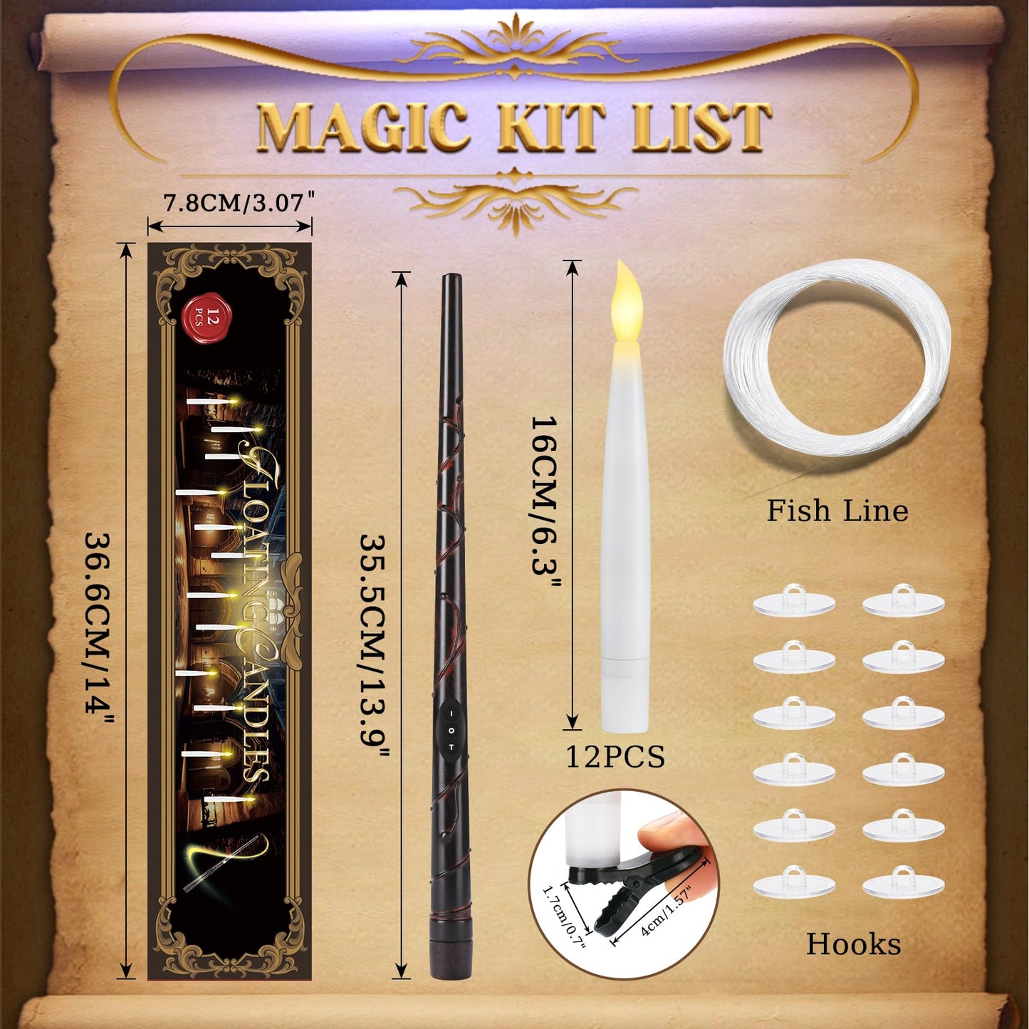 Halloween Decorations - Floating Candles with Wand & 6-Hour Timer - Flameless LED Hanging Candles with Clip, Battery Operated Window Taper Candle