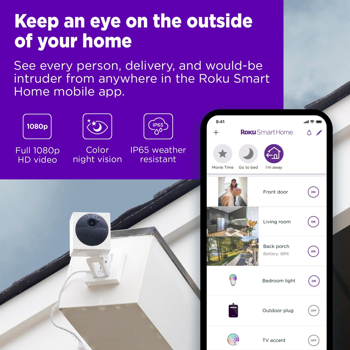 Roku Outdoor Camera for Home Security - IP65 Weather Resistance Wireless Security Camera with 1080p HD Night Vision, Works with Alexa & Google, Motion