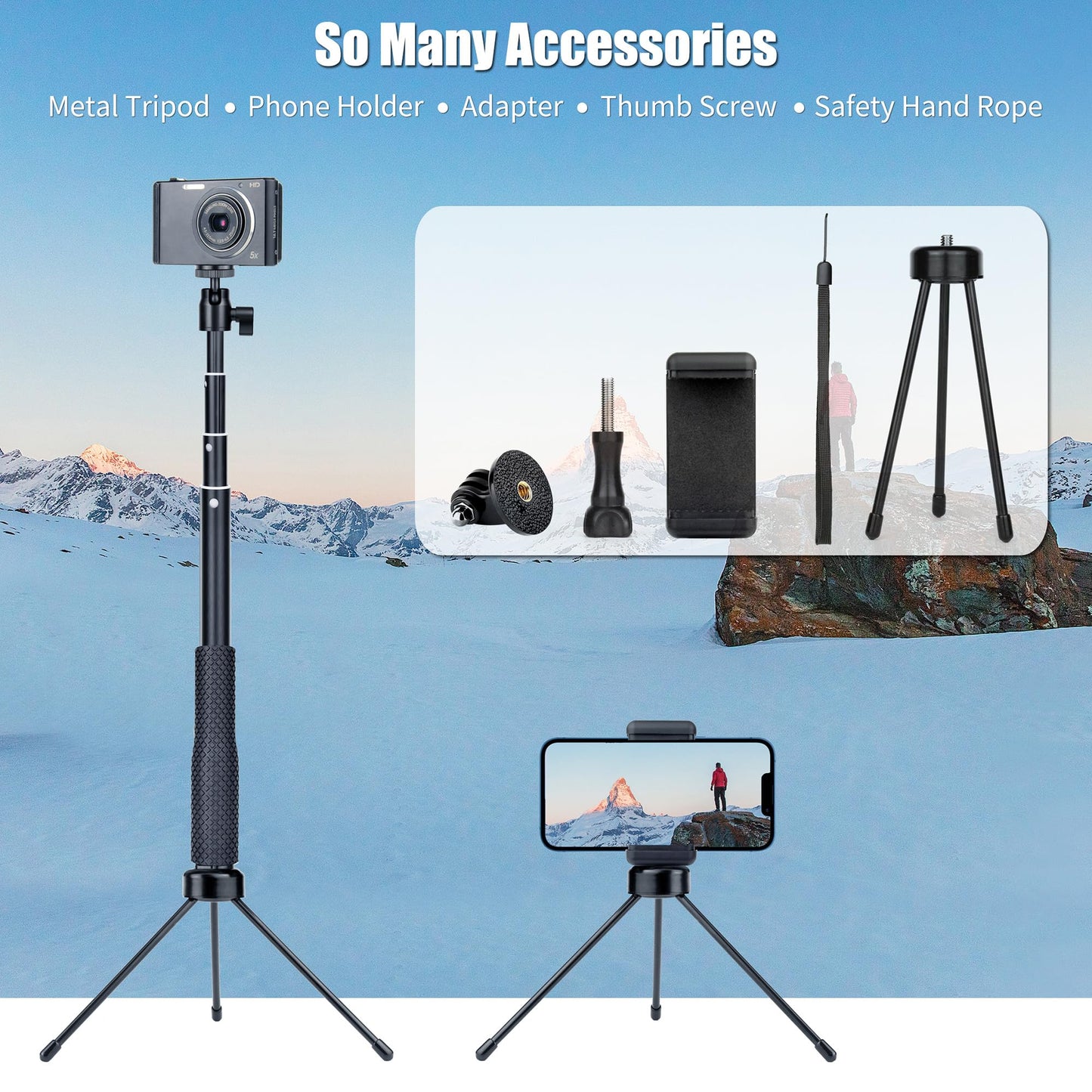 SOONSUN 37" Extension Selfie Stick Hand Grip Waterproof Monopod Pole with 360 Rotation Ball Head for GoPro Hero 13 12 11 10 9 8 7 6 5, Session
