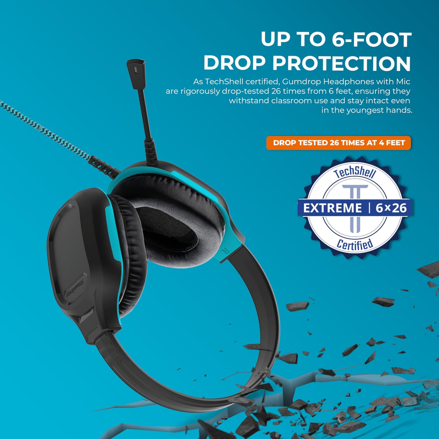 Gumdrop DropTech On-Ear Wired Headphones w/Mic | 3.5 mm - Long Tangle Free Chew-Proof Cord - Rugged Reliable Drop Tested and Comfortable for Kids K-12