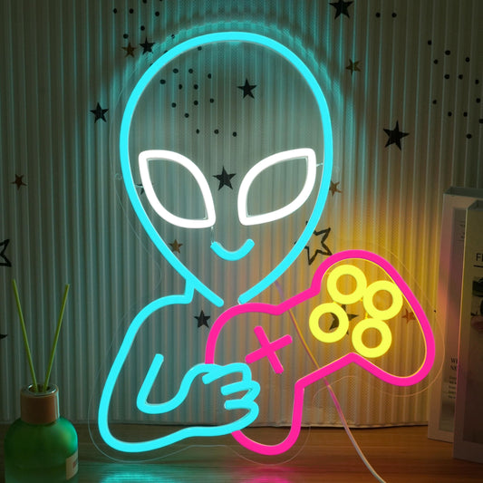 AEHEMNGZ Alien Game Neon Sign Ice Blue Alien Neon Light for Wall Decor Dimmable Game Neon Sign Gaming Controller Light Up Sign for Bedroom Bar