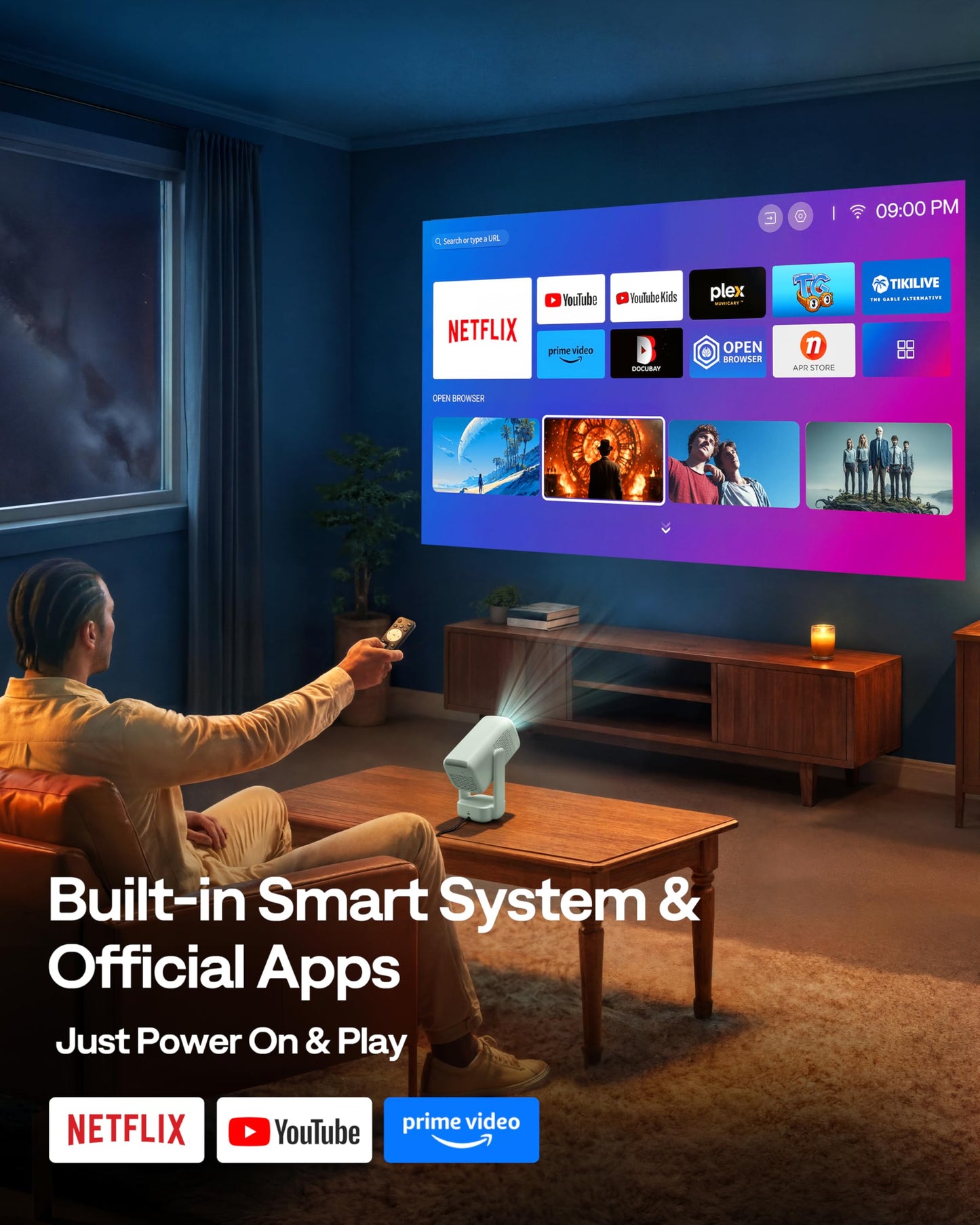 Aurzen D1 air Smart Projector with WiFi and Bluetooth, Built-in APPS, Native 1080P HDR10, 4K Supported, USB-C Powered, Auto Focus/Keystone, DoIby