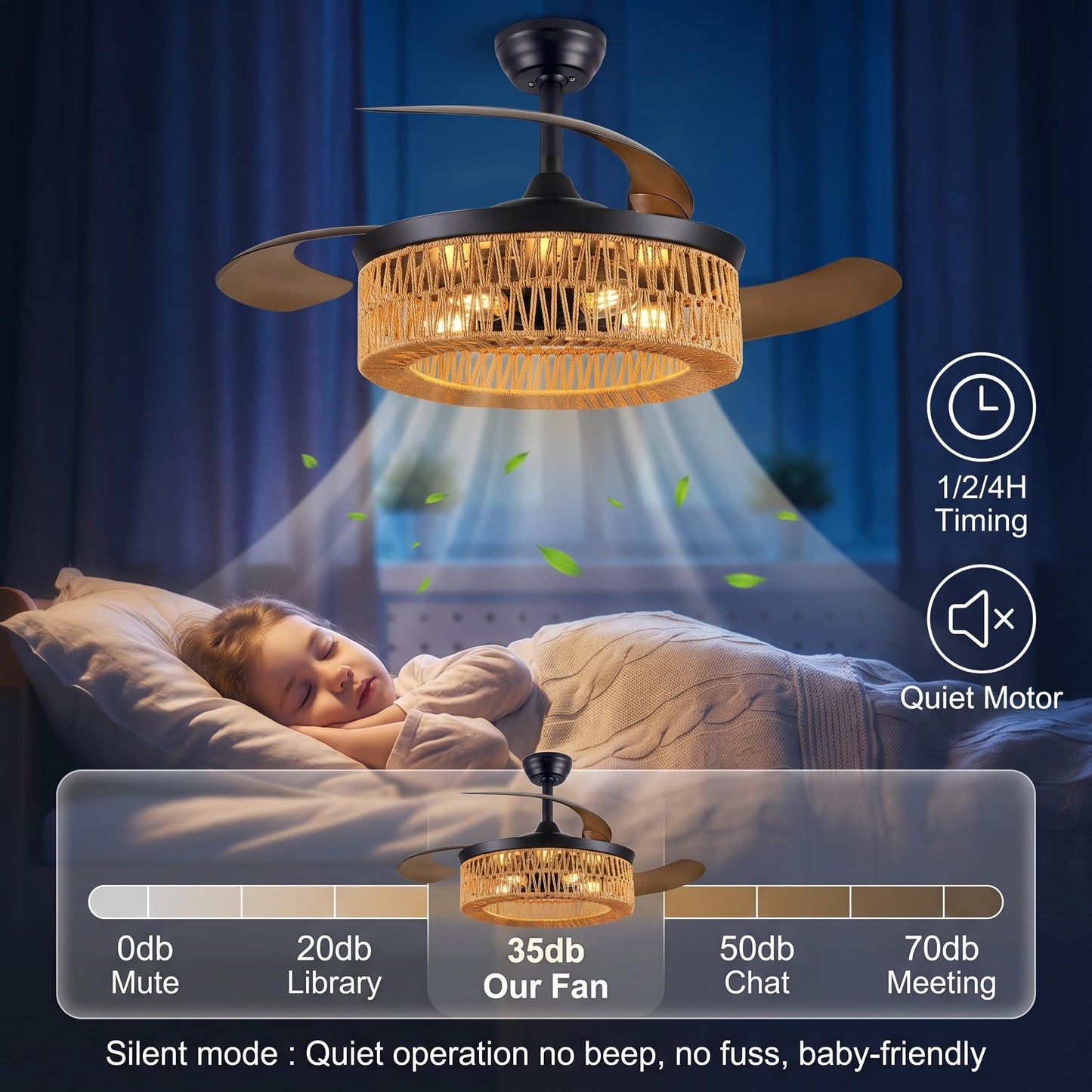48 Inch Retractable Ceiling Fans , Boho Caged Farmhouse Ceiling Fanwith Lights and Remote, Invisible Rattan Fandelier with 6 Speeds,Timer