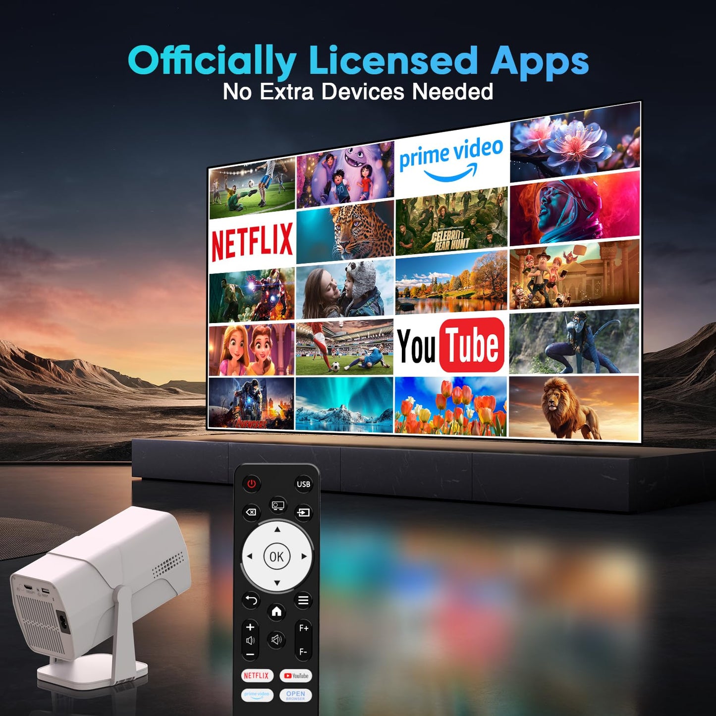 Projector with WiFi and Bluetooth, Smart TV OS with Officially Apps, 270° Rotatable Ceiling Projector, 1080P, Auto Keystone, Zoom, Mini, Outdoor Movie