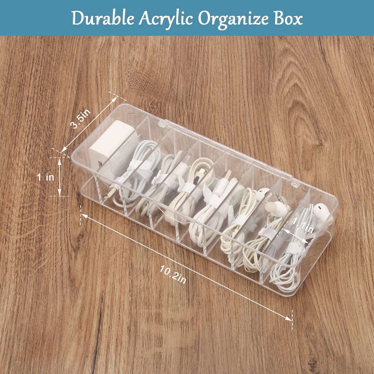 See-Through Cable Organizer Box Wire Management Case Data Cord Organizer Storage,8 Compartment Storage Boxes with 10 Wire Ties,Plastic Clear Lids