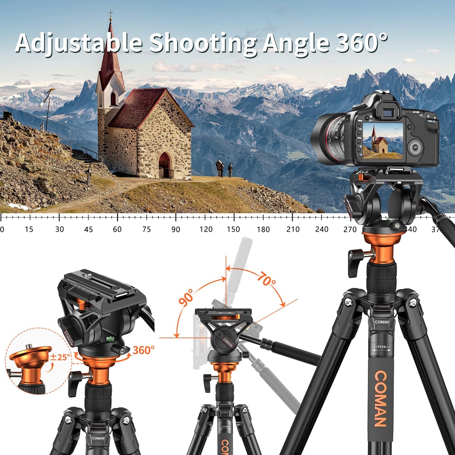 COMAN Camera Tripod with Fluid Head, Lightweight Compact Tripod for Camera with Detachable Monopod Aluminium Alloy and QR Plate for DJI Canon Nikon