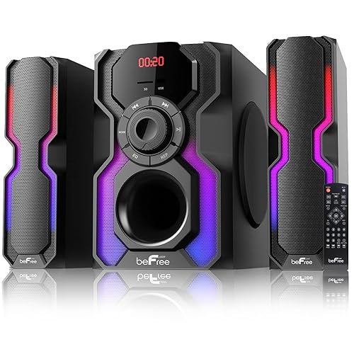 beFree Sound 2.1 Channel Bluetooth Multimedia Wired Speaker Shelf Stereo System with Reactive LED Lights, FM Radio, USB, and SD Inputs, Black