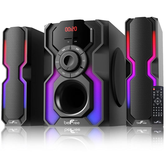 beFree Sound 2.1 Channel Bluetooth Multimedia Wired Speaker Shelf Stereo System with Reactive LED Lights, FM Radio, USB, and SD Inputs, Black