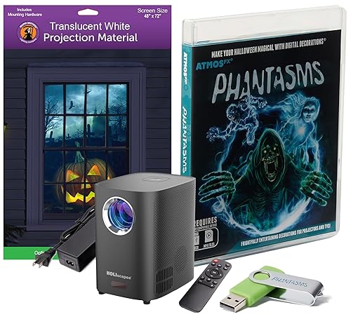 HoliScapes® USB Projector Kit - AtmosFx Phantasms USB + Projector + 48" x 72" Large White Holographic Screen for Halloween Projection