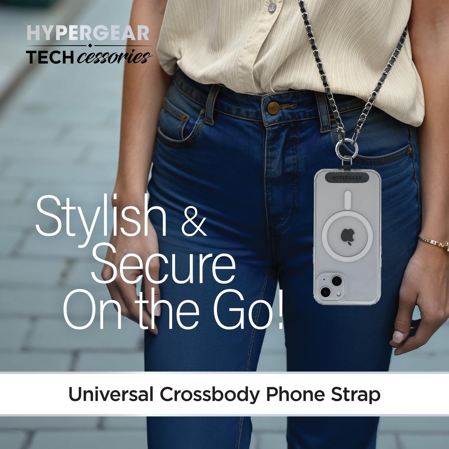HyperGear Crossbody Phone Lanyard Strap Hands-Free Theft Secure Cell Phone Crossbody for Gym, Concerts & Travel [iPhone, Galaxy, Pixel] (Silver/Black