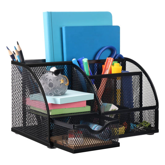 Comix Mesh Pen Pencil Holder Desk Organizer, 7 Compartment Wire Desktop Pen Pencil Cup Caddy Office Supplies for Home Office School, Black
