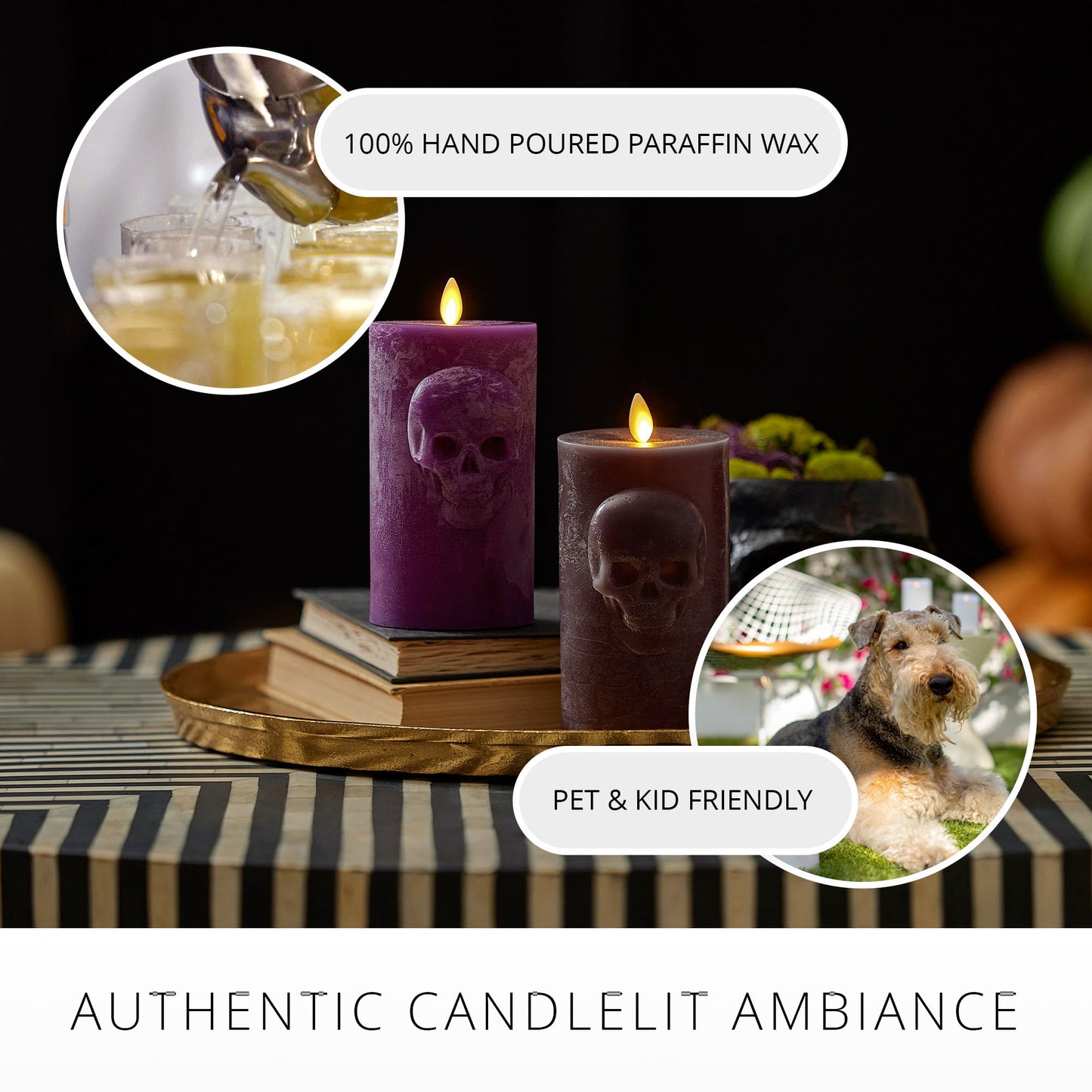 Luminara Chalky Skull LED Candle, Dark Chocolate, Moving Flame, Gothic Halloween Decor, Battery Operated Flameless Unscented Wax Timer Indoor