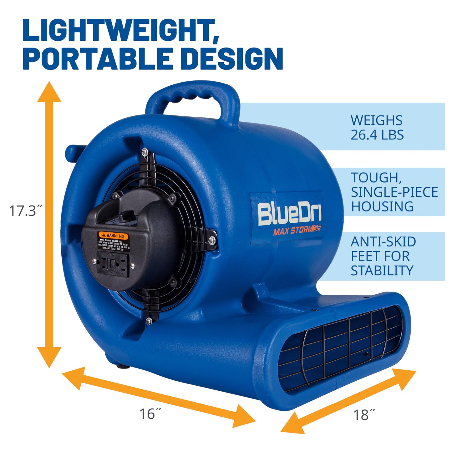 BlueDri Max Storm 35 1/3 HP 2900 CFM Air Mover Blower Floor Fan for Industrial Water Damage Flood Restoration Carpet and Floor Drying Blower Fan