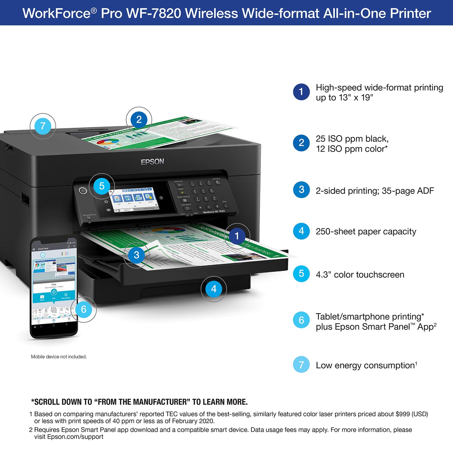 Epson Workforce Pro WF-7820 Wireless Duplex All-in-One Wide-Format Printer, Copier, Scanner, and Fax with 50 Page ADF, 250 Sheet Paper Capacity