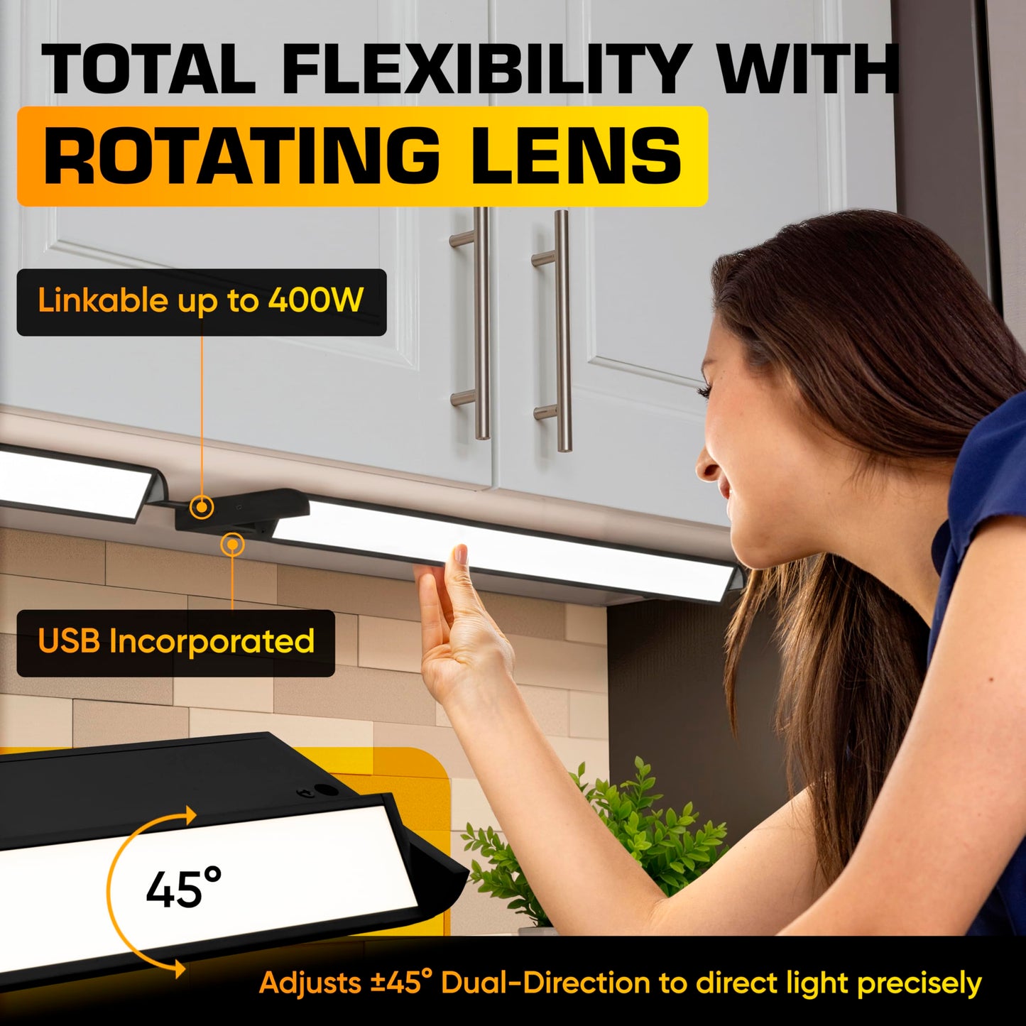 NSL LED Under Cabinet Lighting Hardwired or Plug in - Swivel Lens - 24 Inch Black - Dimmable Undercabinet Lights for Kitchen - 5CCT Selectable Color