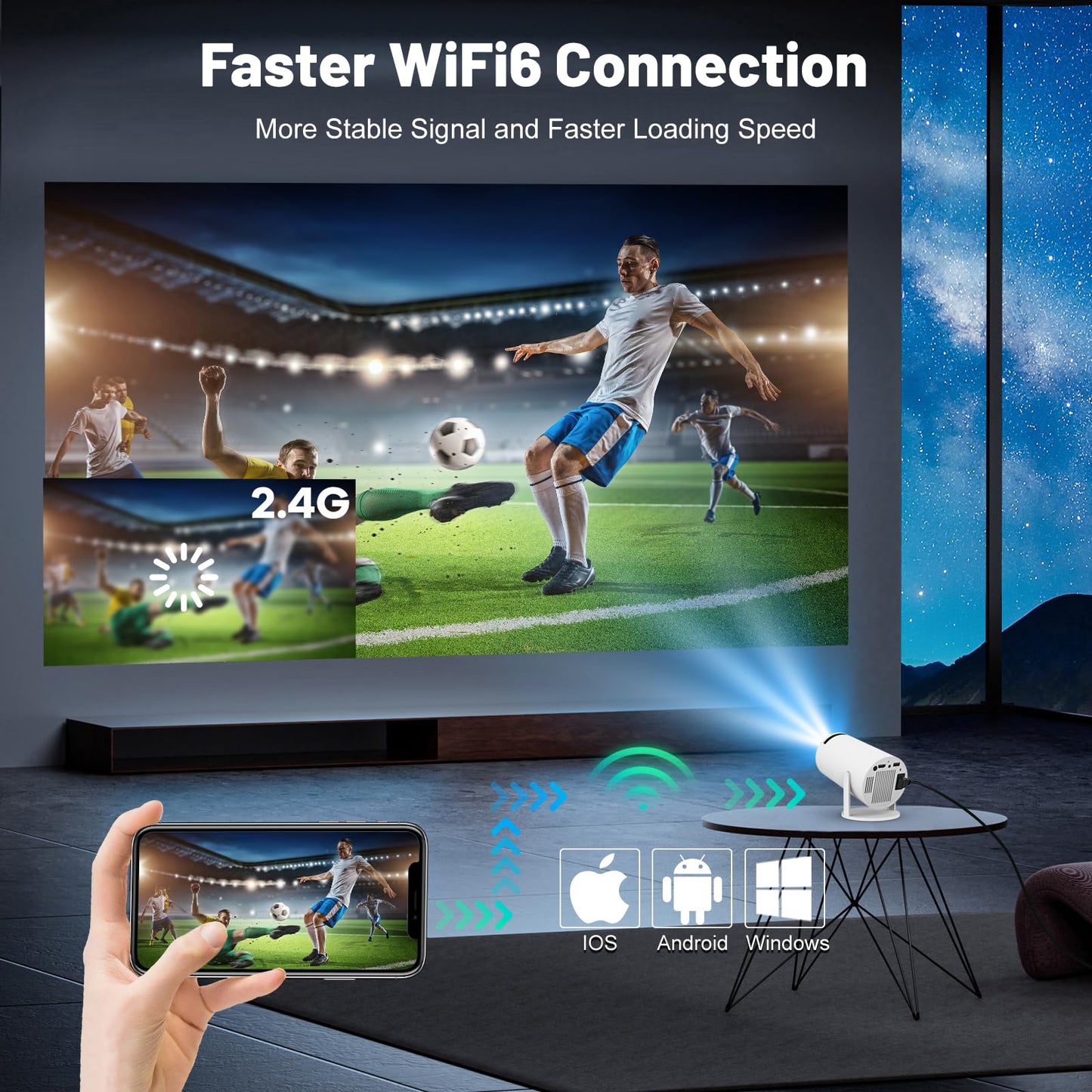Mini Projector with WIFI 6 and Bluetooth, 4K 1080P Support Portable Projector 180° Rotatable 130'' Screen Movie Projector Auto Keystone Compatible