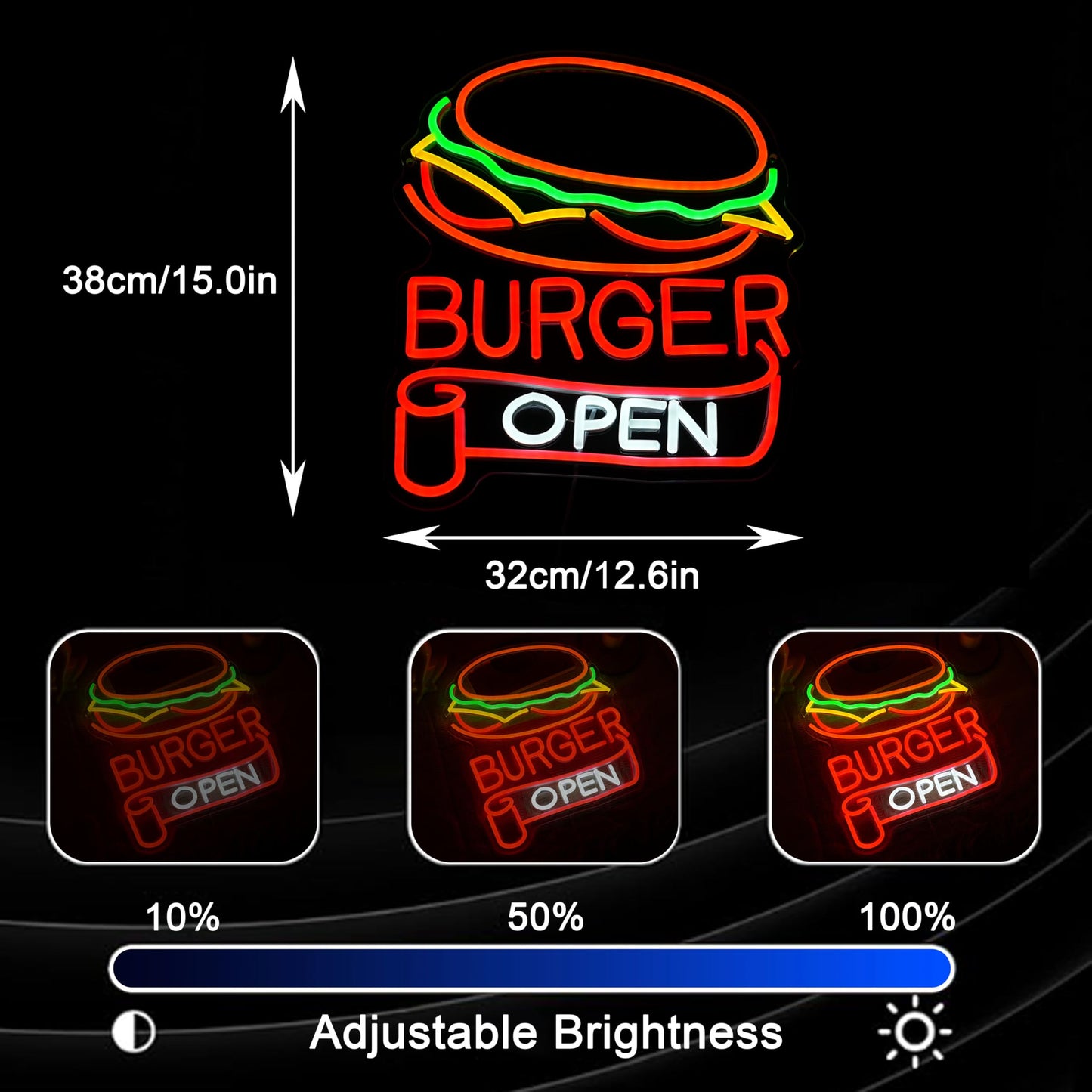 BNEMCEZH Burger Open Neon Sign Dimmable Delicious Hamburger LED Light Sign for Wall Decor USB Powered Business Fast Food Open Light up Sign