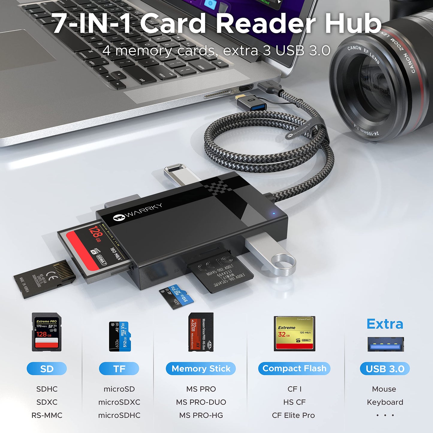 SD Card Reader 7 in 1, WARRKY [Dual Connector USB3.0/USB C, 2.5FT Nylon Cable] Memory Camera Card Adapter Hub for Micro SD/CF/MS/UHS-I, Fit for iPhone
