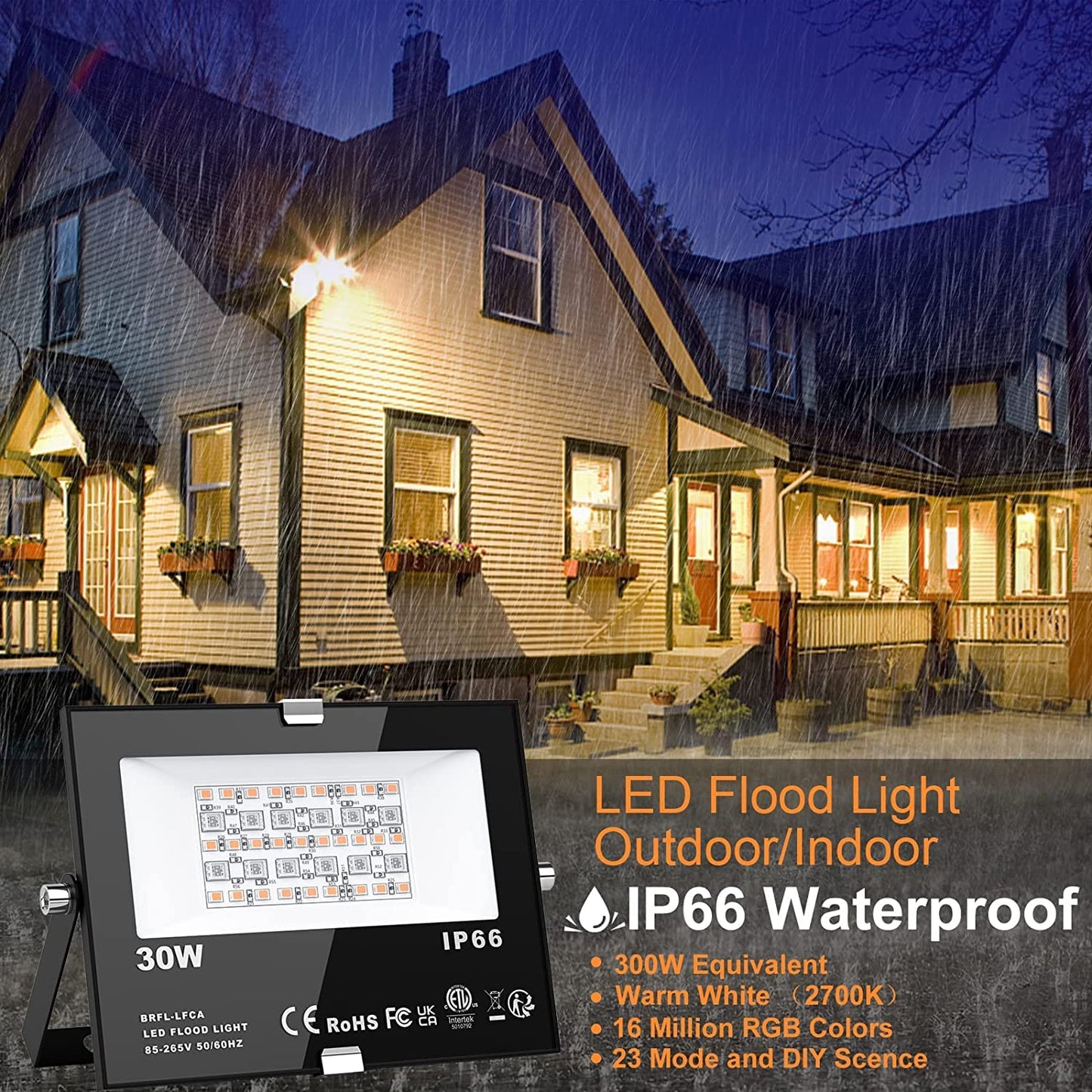 LED Flood Lights RGB Color Changing 300W Equivalent Outdoor, 30W Bluetooth Smart RGB Floodlight APP Control, IP66 Waterproof, Timing, 2700K&16 Million