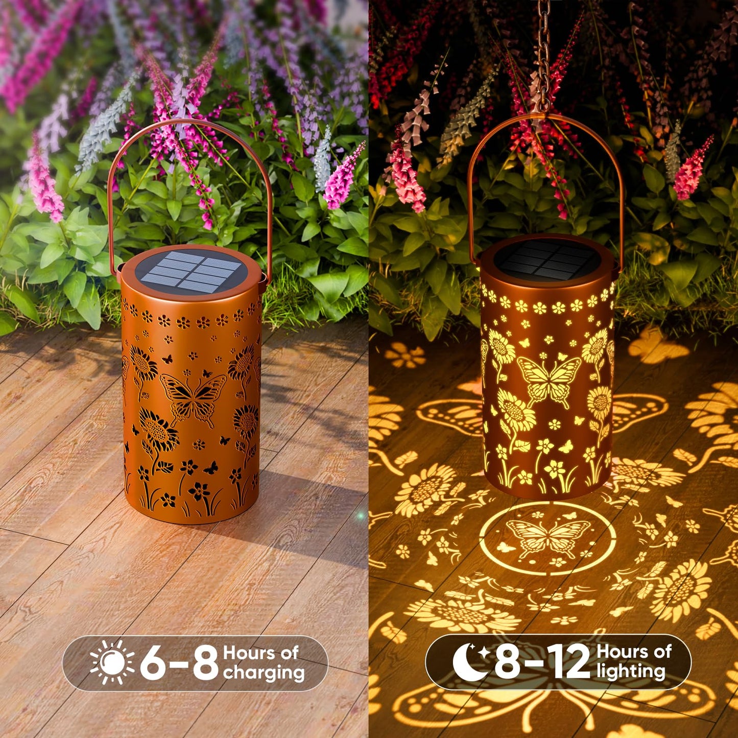 SIMLIX Solar Lanterns Outdoor Waterproof - Decorative Shadow Lantern with Sunflower Butterfly Pattern Design for Garden Patio Yard, Womens Gifts