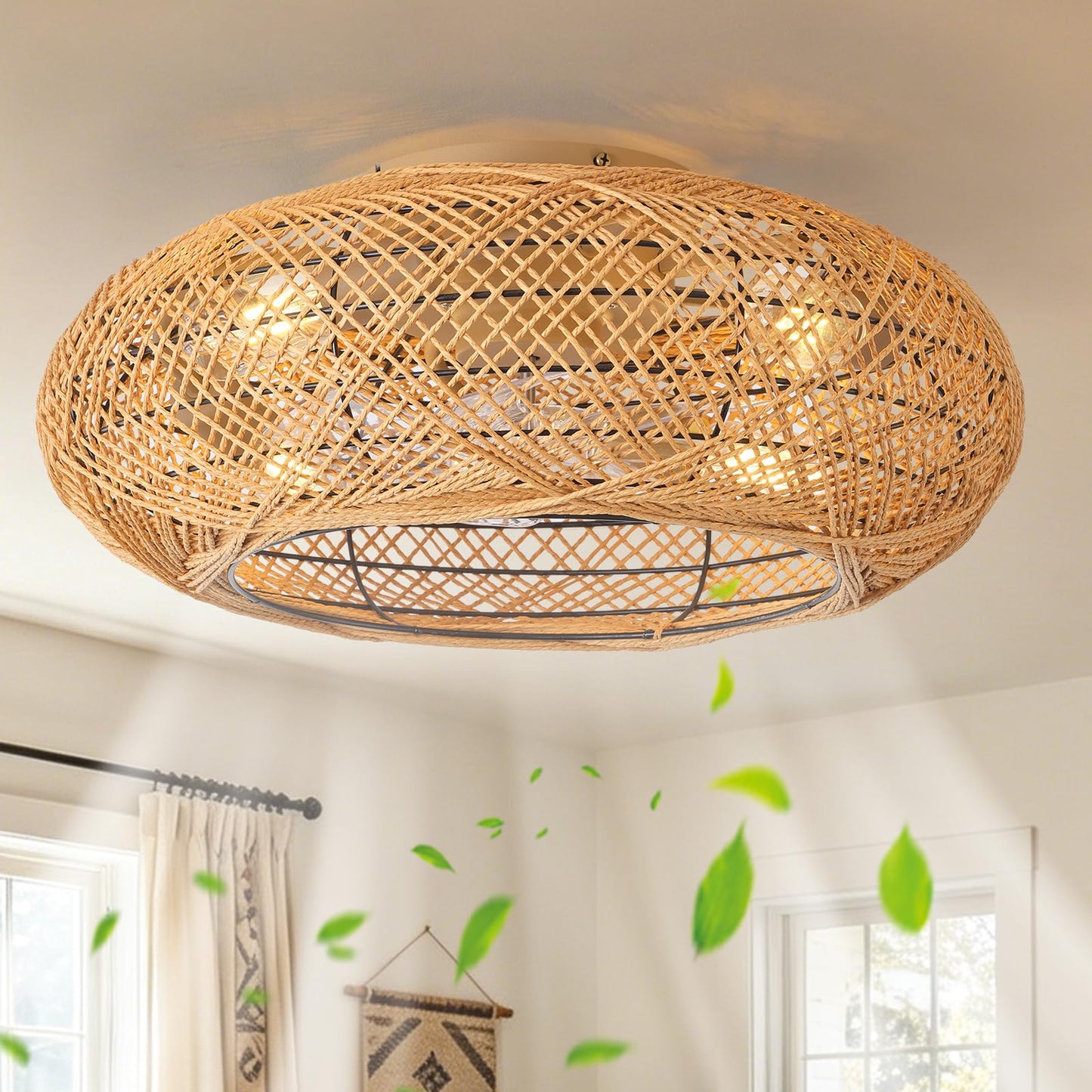 jorbeca 20" Boho Caged Fandelier Ceiling Fans with Lights Low Profile Brown