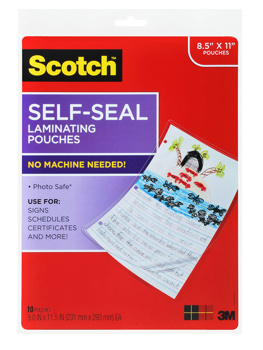 Scotch Self-Seal Laminating Pouches, 9.0 in x 11.5 in Letter Size, Easy to Use and No Laminator Needed, 10 Pack