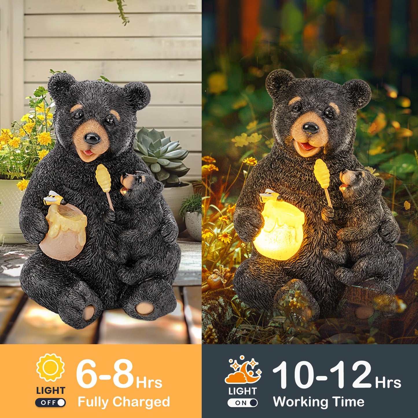 GIGALUMI Solar Garden Statues Bears 9", Loving Black Bear Decor, Yard Decorations Outdoor, Bear Figurine Lights for Outside, Garden Decor Unique