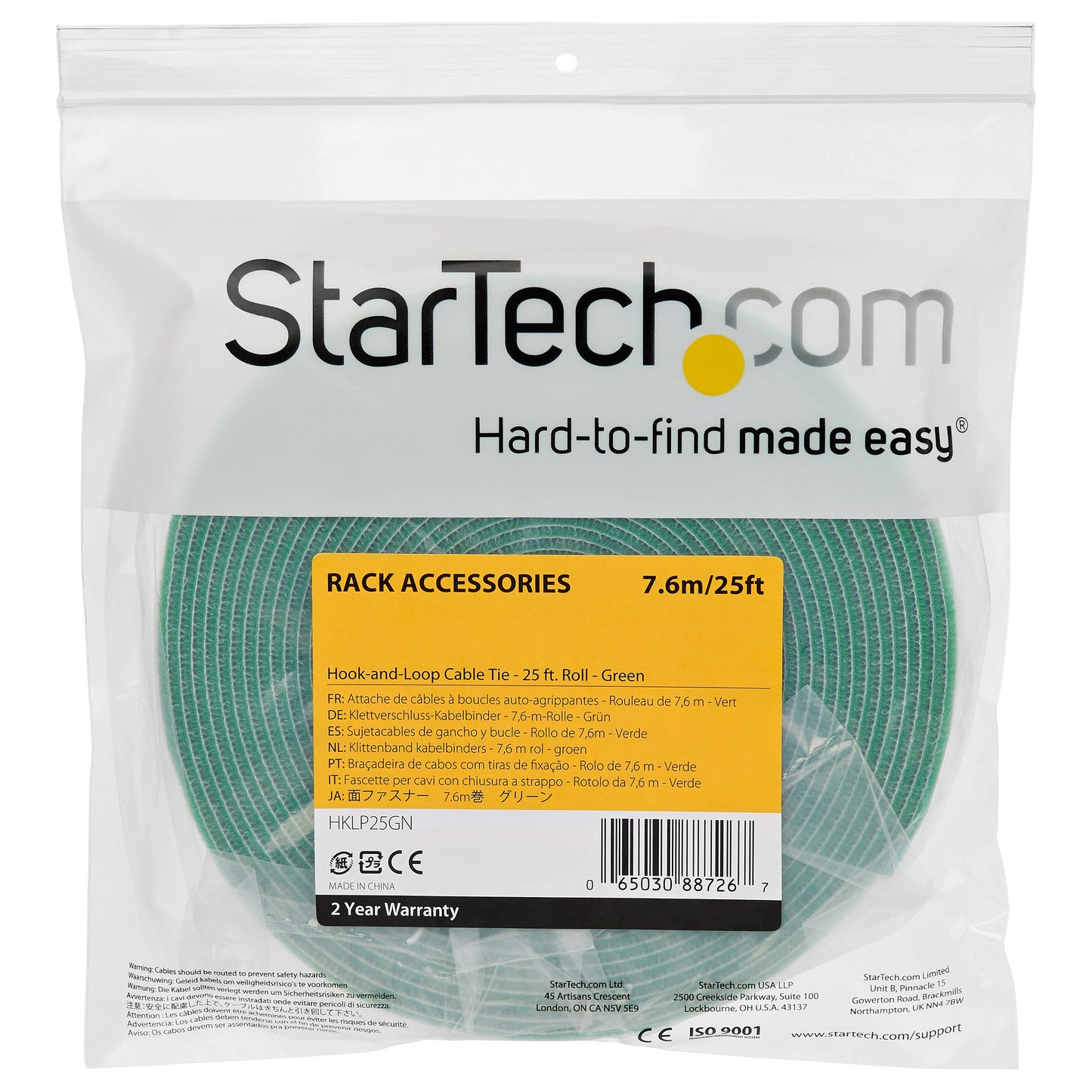 StarTech.com 25ft Hook and Loop Roll - Cut-to-Size Reusable Cable Ties - Bulk Industrial Wire Fastener Tape/Adjustable Fabric Wraps Green/Resuable