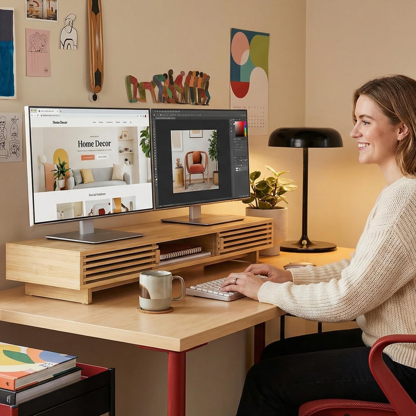 WELL WENG Dual Monitor Stand Riser with Sliding Door, Double Computer Laptop Stand Desk Shelf Organizer with Storage for 2 Monitors (Natural Bamboo