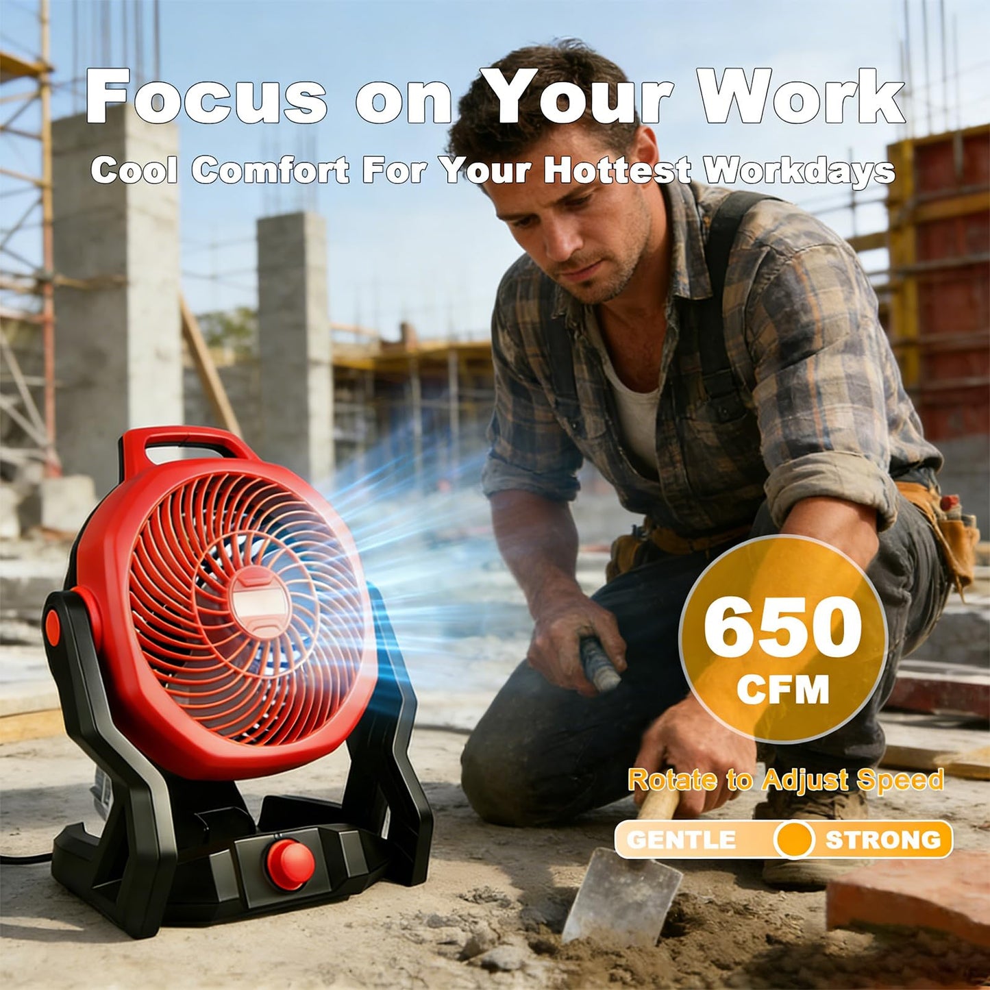 WeToolGoo Cordless Brushless Jobsite Fan Compatible with Milwaukee 18V Battery, Battery Powered Fan 650 CFM Variable Speed, or AC Power for Outdoor