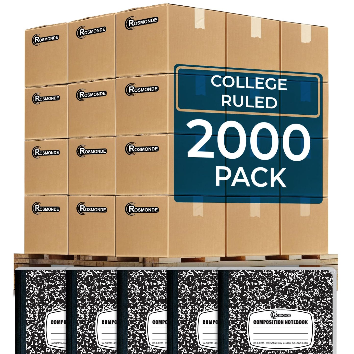 Rosmonde 2000 Pack Composition Notebooks Bulk, College Ruled, Black Marble