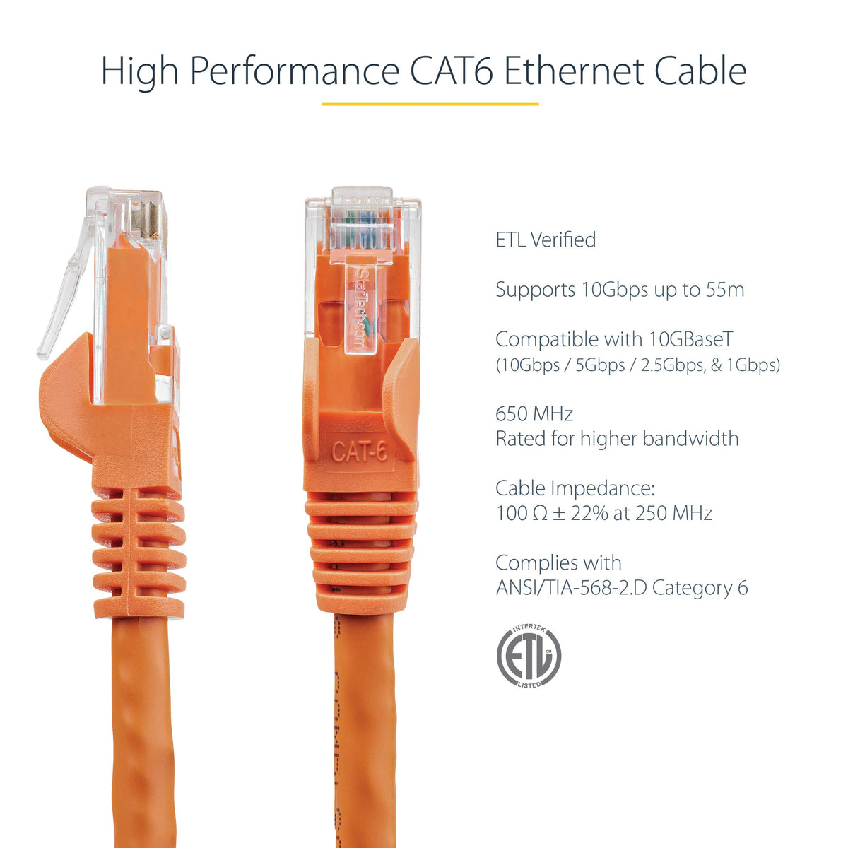 StarTech 50ft CAT6 Ethernet Cable - Orange CAT 6 Gigabit Ethernet Wire -250Mhz 100W PoE++ RJ45 UTP Category 6 Network Patch Cord Snagless