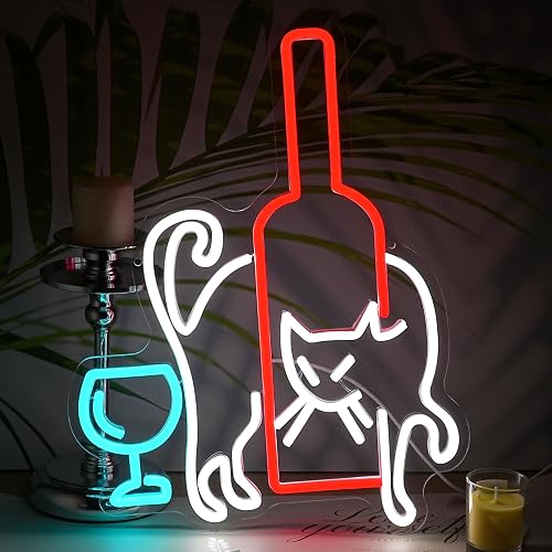 LISIGNVE Cat Beer Neon Sign LED Wine Glass Light up Sign for Bar Wall Decor USB Dimmable Cat Neon Light Cocktail neon Light sign for Living Room Home