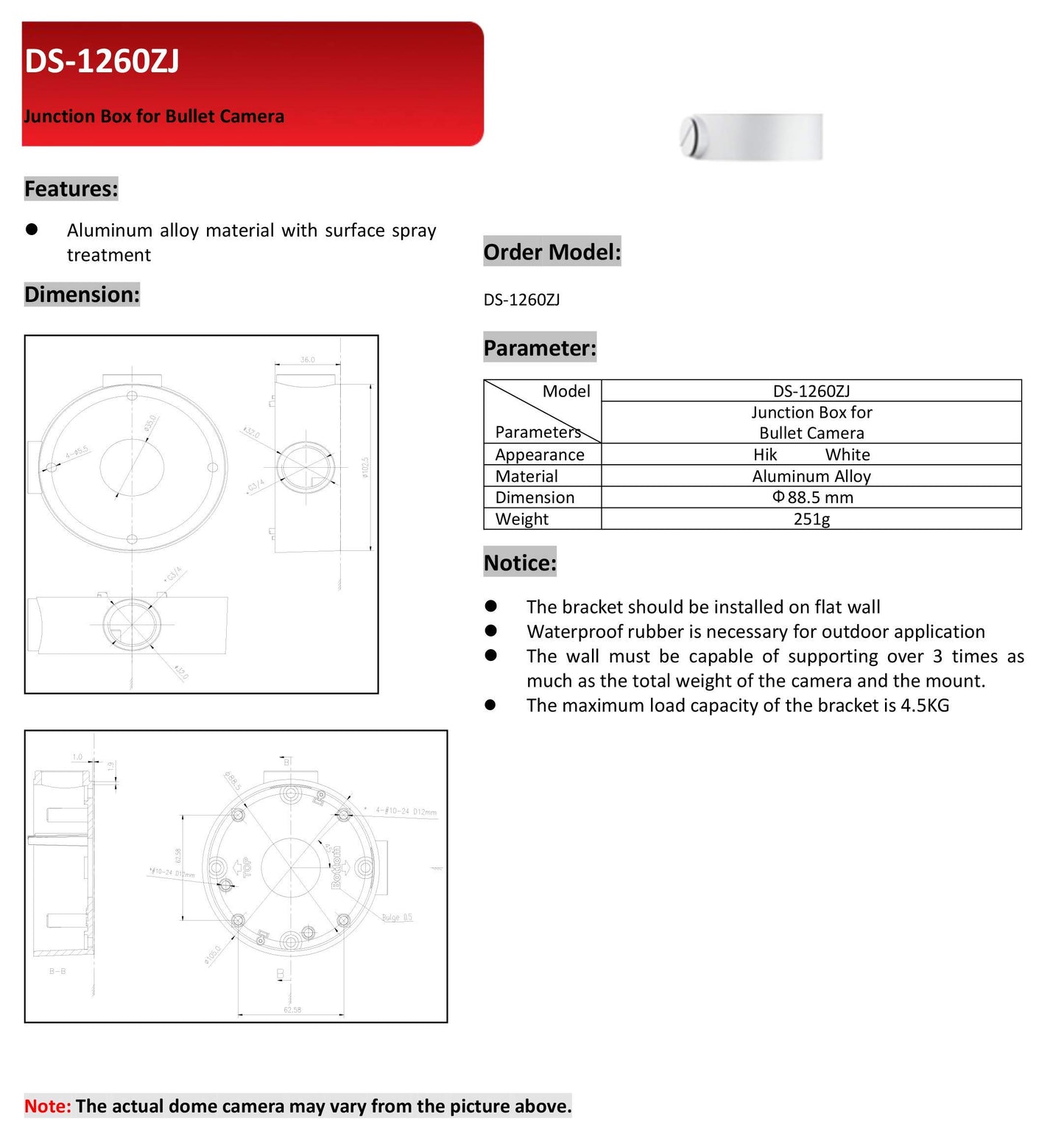 CB130 DS-1260ZJ Camera Wall Mount Bracket for Hikvision Bullet IP Camera DS-2CDXXXXX