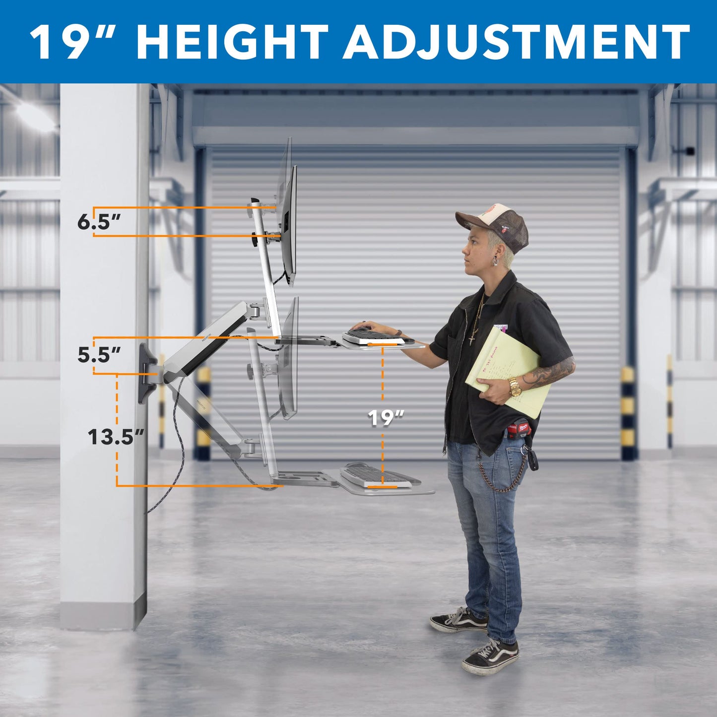 Mount-It! Wall Mounted Sit-Stand Single Monitor Workstation with Gas Spring Arm, Keyboard Tray & CPU Holder, 19.9” Height Adjustment, 41” Extension