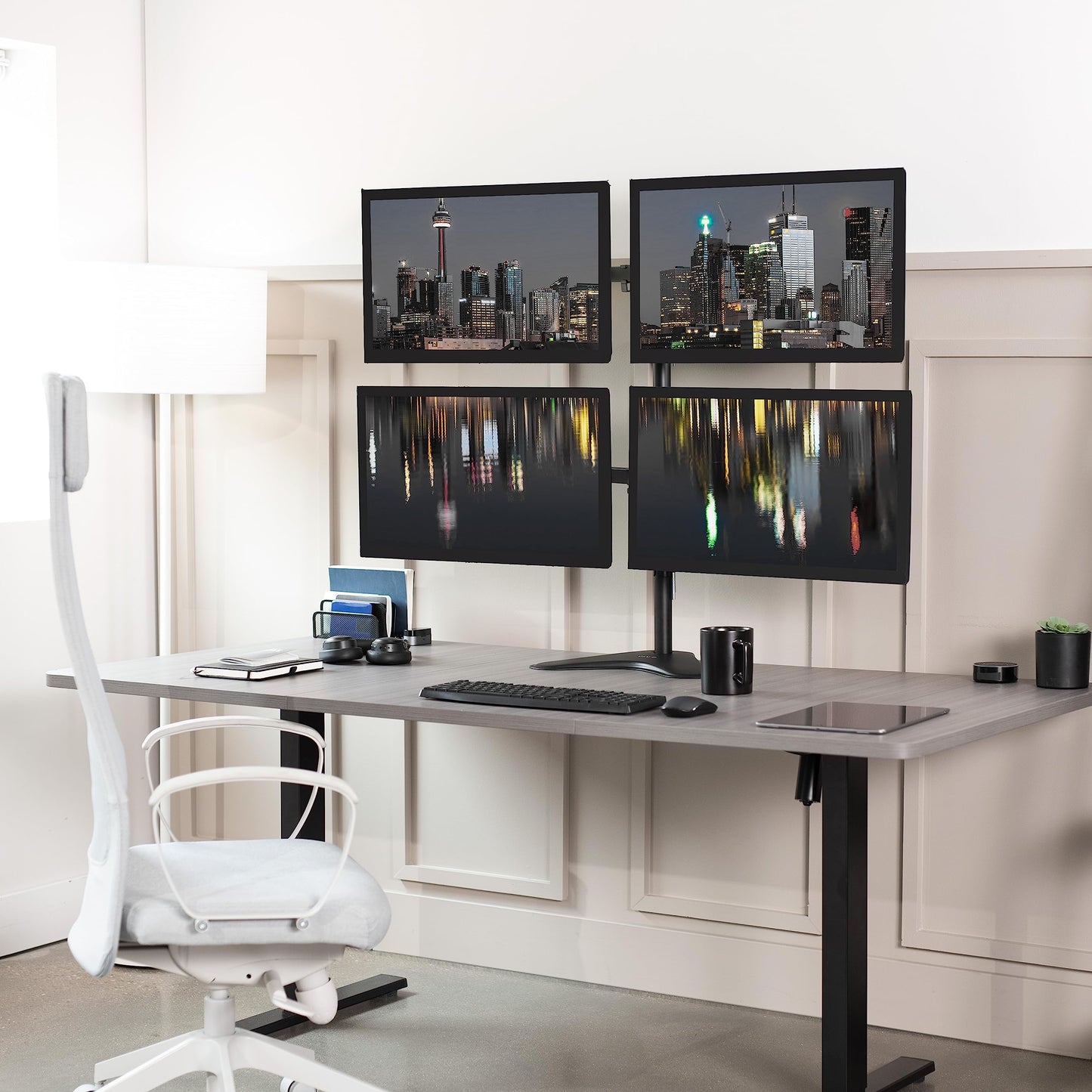 VIVO Quad 13 to 30 inch Monitor Free-Standing Mount, Fully Adjustable Desk Stand, Holds 4 Flat or Curved Display Screens, STAND-V004F