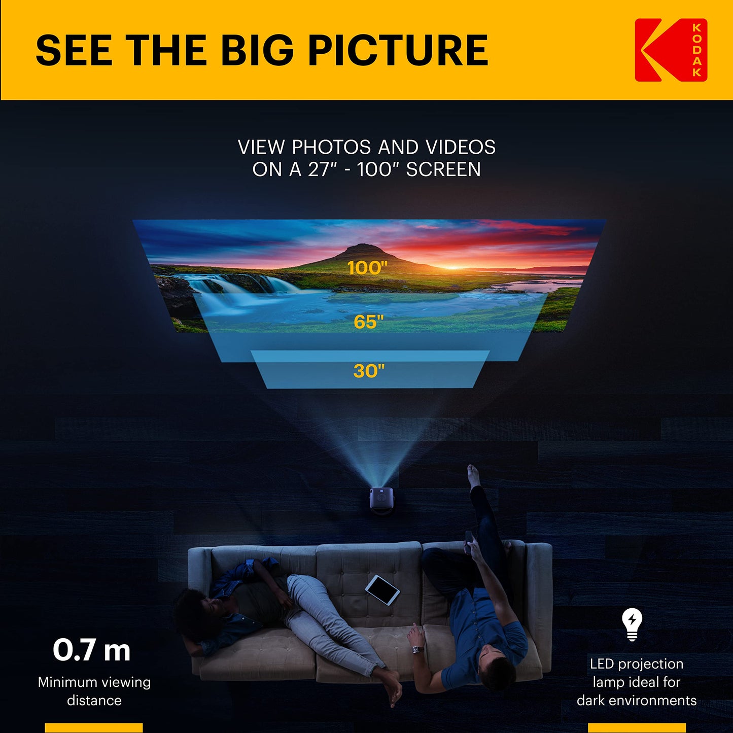 KODAK FLIK X2 Mini Pico Projector | Portable 100” Projector with Remote Control, Speakers & Carry Handle Plays Movies, TV & Games | Compatible