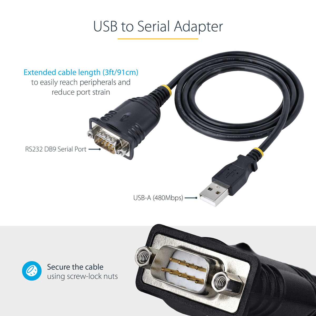 StarTech.com 3ft (1m) USB to Serial Cable, DB9 Male RS232 to USB Converter, Prolific IC, USB to Serial Adapter for PLC/Printer/Scanner/Switch, USB