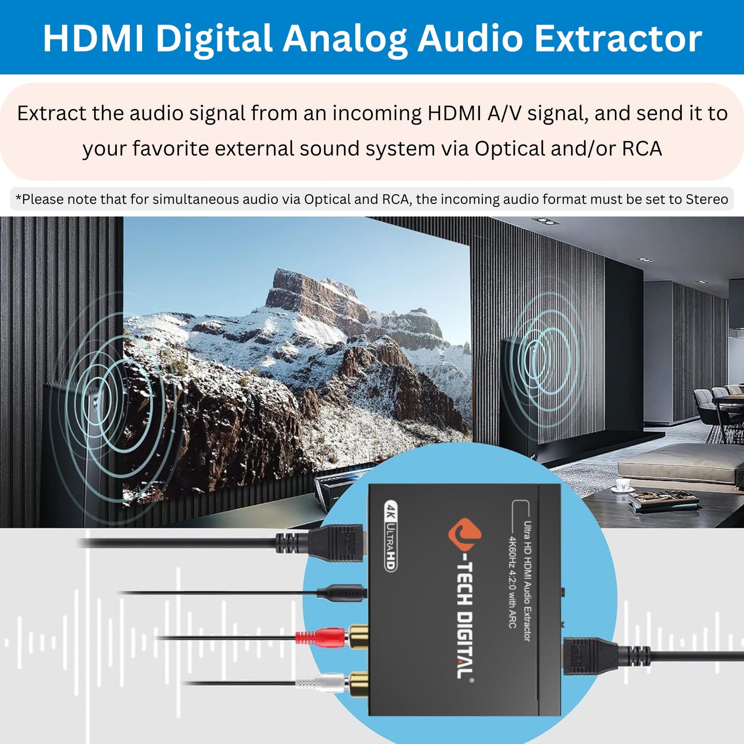 J-Tech Digital HDMI Audio Extractor 4K 60Hz HDMI to Optical SPDIF + RCA, Supports HDMI ARC Dolby Digital DTS CEC HDCP 1.4 [JTD4KATSW]