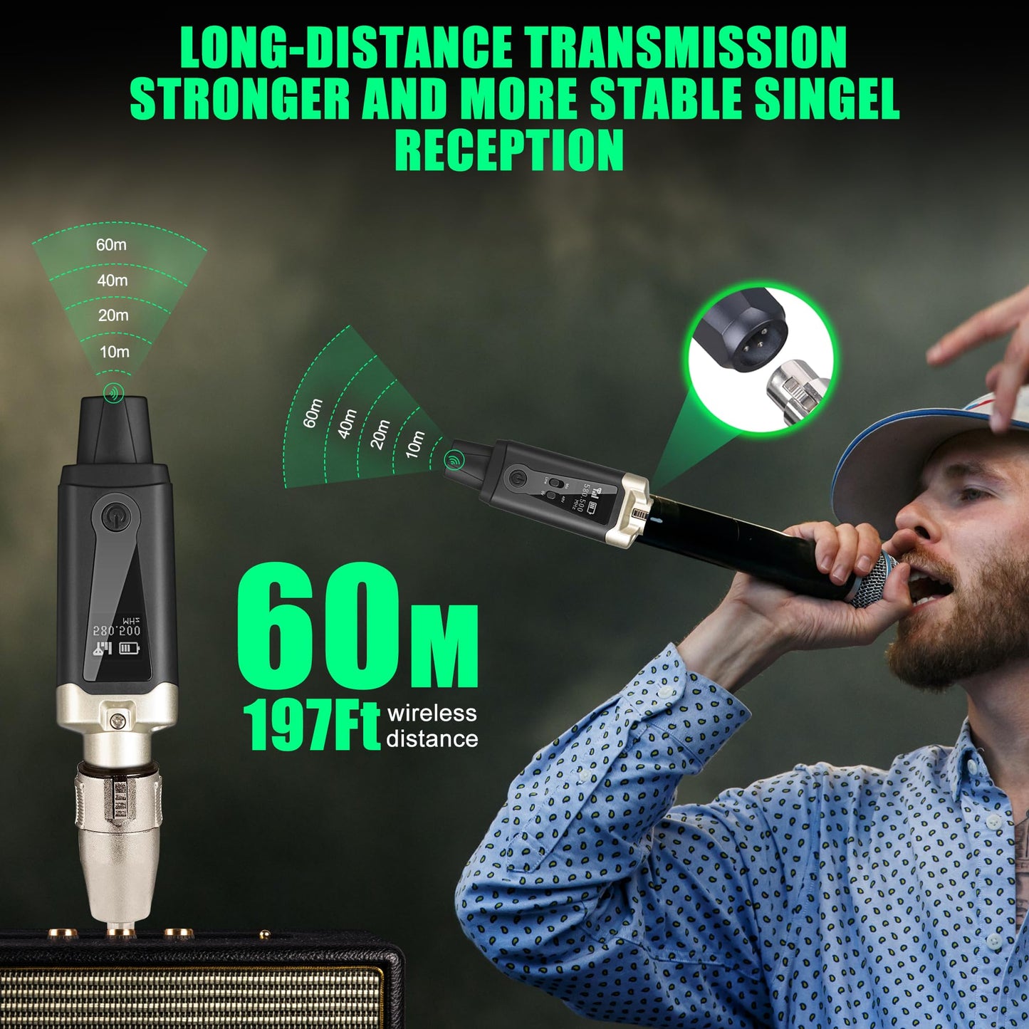 UHF Wireless XLR Transmitter and Receiver with 48V Phantom Power,Rechargeable Mic Adapter 16 Channels 196ft Range for Dynamic/Condenser
