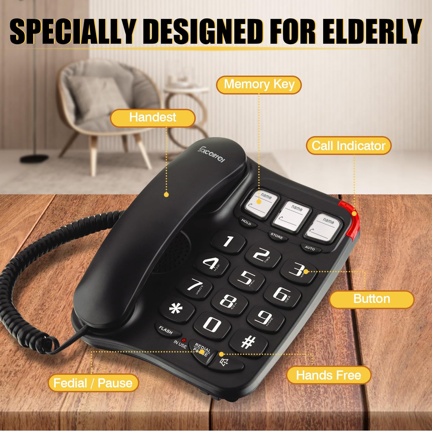 Excelltel Landline Phones for Seniors, Corded Big Button Phone with Photo Speed Dial, Volume Control, Speakerphone, Flash Alert, Easy-to-Use Desk