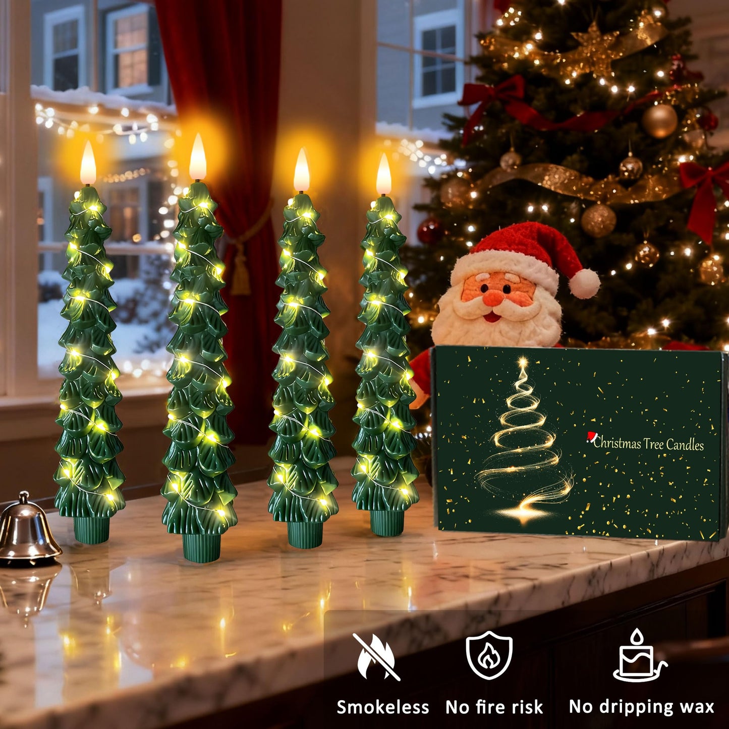 Christmas Tree Taper Candles with Flickering String Lights, 7.9 Inch Flameless Candles with Remote Timer, 2 modes Battery Operated Candle for Table