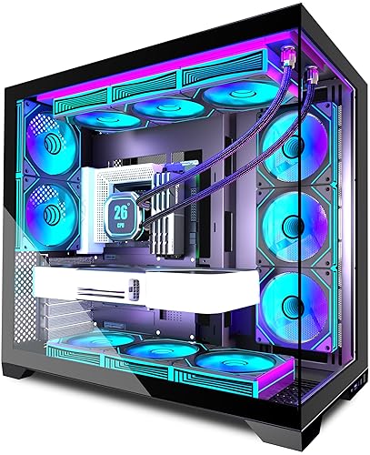 ANSAITE PC CASE 9 PWM ARGB Fans Pre-Installed, Mid-Tower Gaming PC Case, Panoramic Tempered Glass Computer Case with Type-C,420mm&360mm Radiator