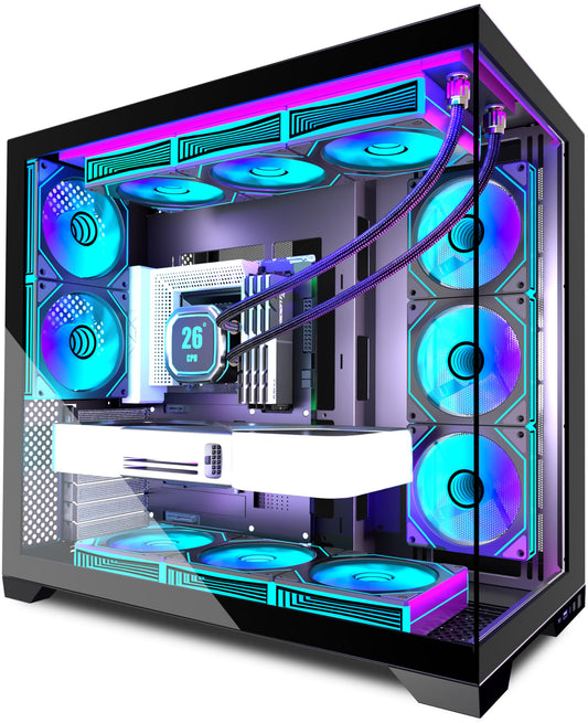 ANSAITE PC CASE 9 PWM ARGB Fans Pre-Installed, Mid-Tower Gaming PC Case, Panoramic Tempered Glass Computer Case with Type-C,420mm&360mm Radiator