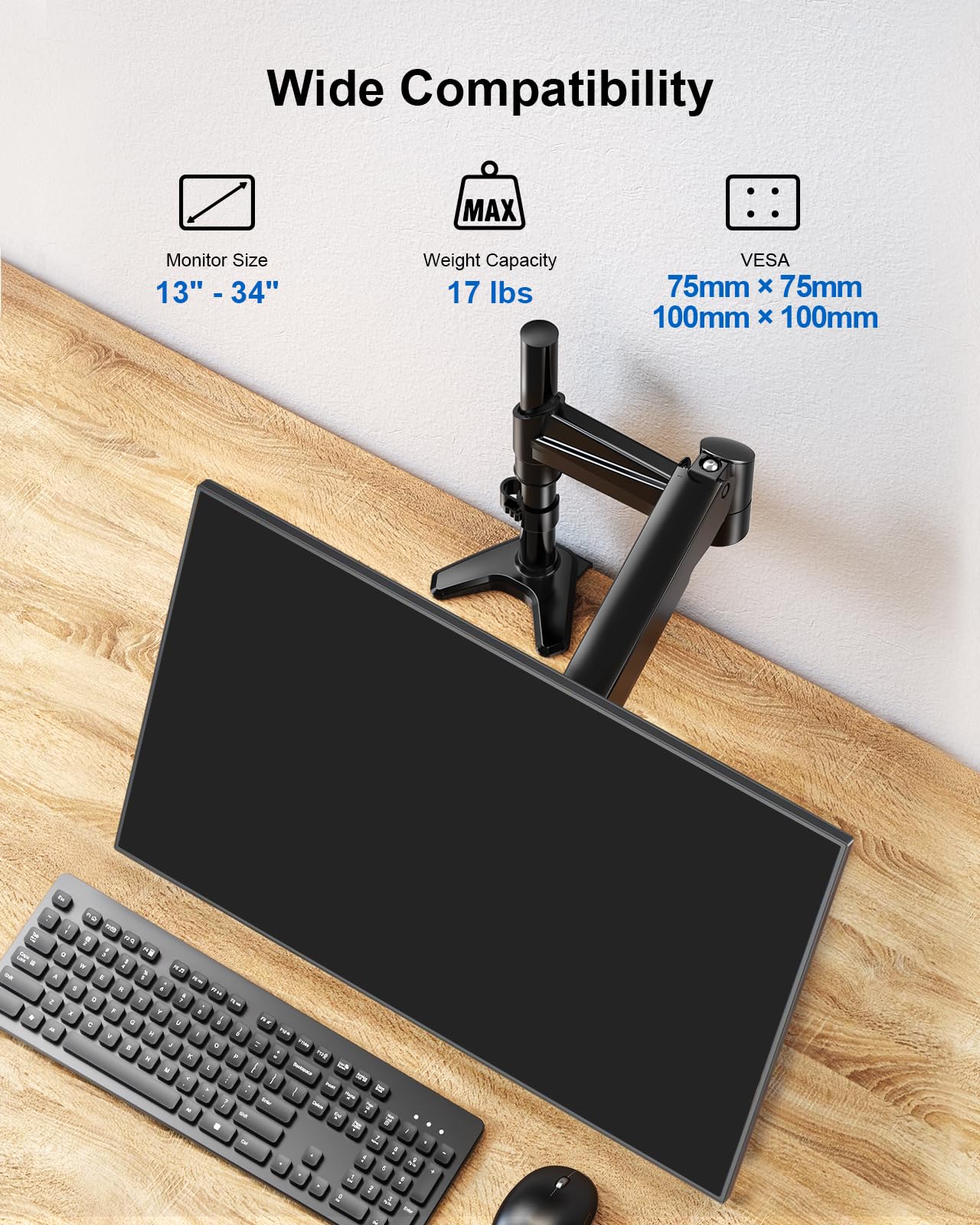 ERGOAV Single Monitor Desk Mount, Adjustable Monitor Stand Fits 13-34? Monitors up to 17 lbs, Tilt, Swivel, and Height Adjustment, Desk Clamp