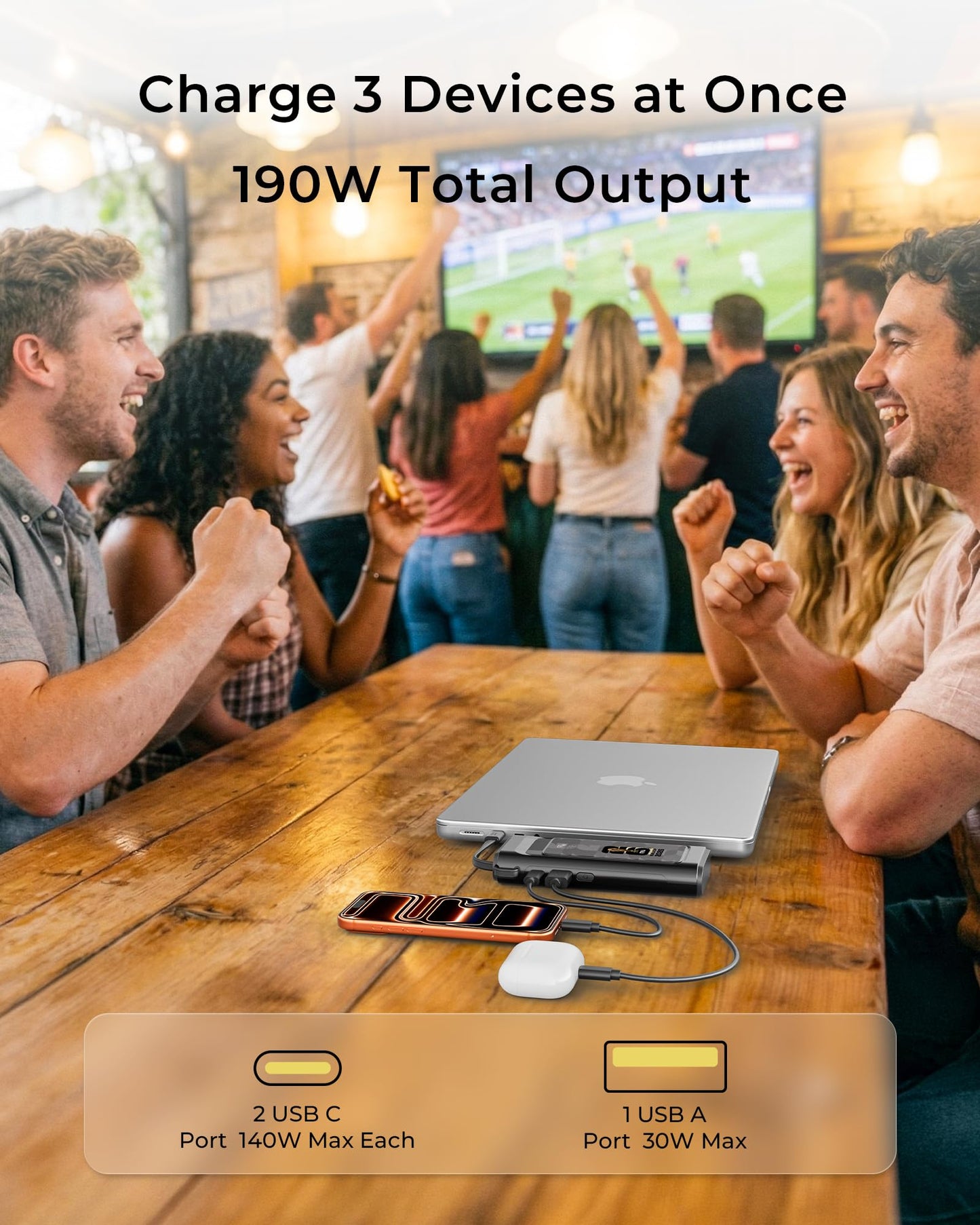 2026 FIFA Licensed 190W 20000mAh Power Bank for Laptop Portable Charger,3-Port USB-C Fast Charging Battery Pack with Built-in USB-C Cables
