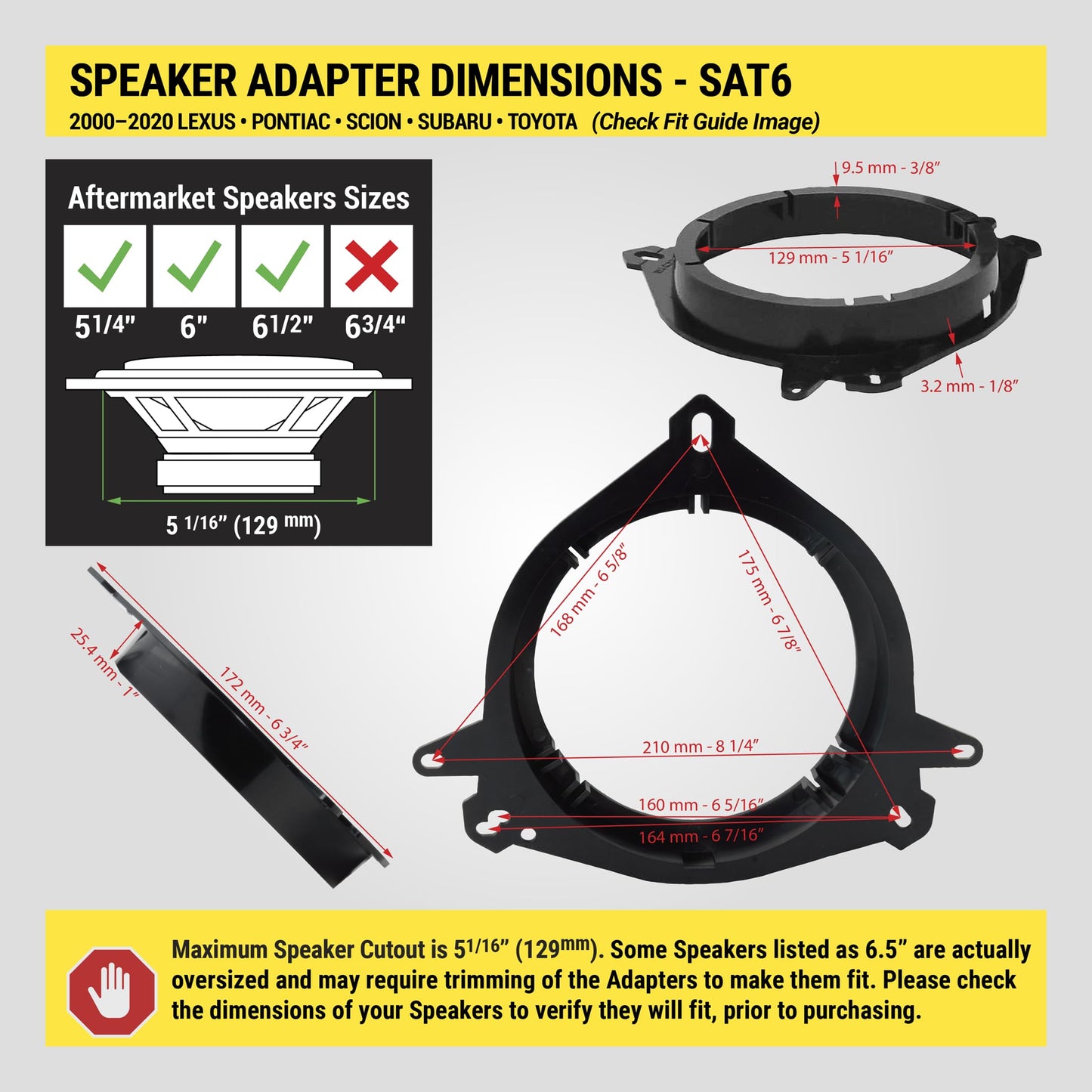 Scosche SAT6 5.25-6.5” Speaker Adapters Compatible with Select 2000-2020 Lexus, Scion and Toyota Vehicles - Adapter for 5 1/4' to 6 1/2' Car Door