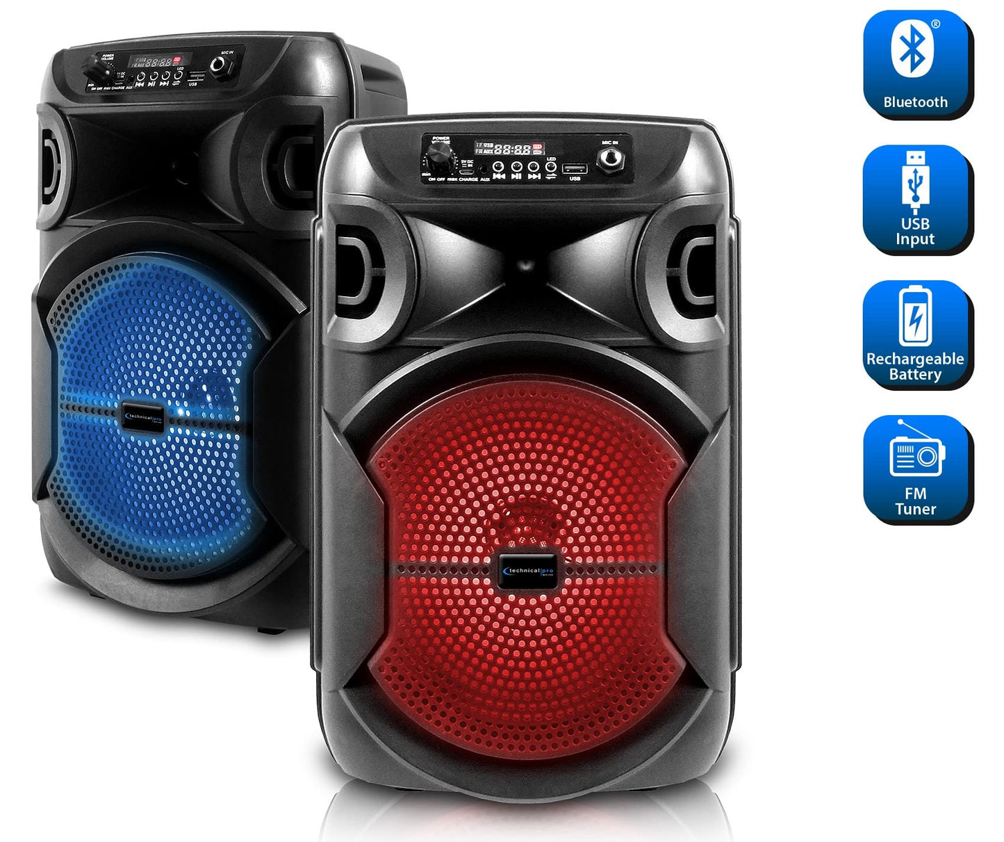Technical Pro (2) BOOMPACK8 8" Powered Wireless Rechargeable Bluetooth Speakers